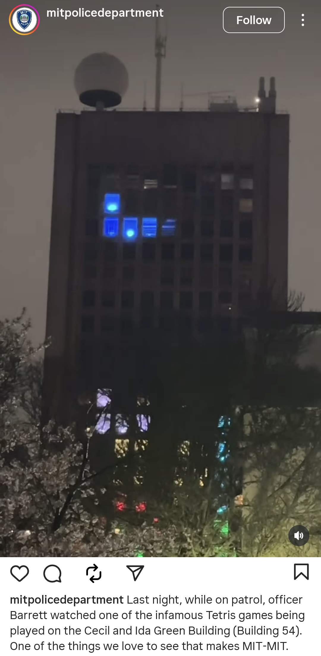 Block-shaped lights illuminate building wall and emulate a game of Tetris at nighttime. Text via @mitpolicedepartment: Last night, while on patrol, officer Barrett watched one of the infamous Tetris games being played on the Cecil and Ida Green Building (Building 54). One of the things we love to see that makes MIT-MIT.